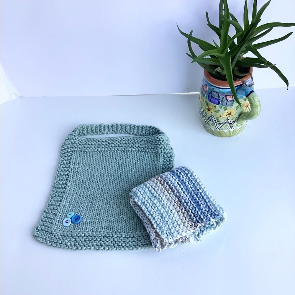 Baby Bib Set Washcloth Hand Crafted Green Cotton Knit Floral